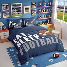 Feelyou 7pcs Rugby Comforter Set,American Football Sports Ding Bedding Set,Include 1 Comforter+1 Flat Sheet+1 Fitted Sheet+2 Pillowcases+2 Pillowsham,For Twin,Full,King,Queen Bed Sizes,Bed In A Bag,Super Soft And Breathable,Easy Care All Seasons,Bed       In A Bag,Wonderful Room Decor,Holiday Gift - 藍色 - 查看 2
