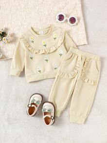 Bộ 2 áo dài tay họa tiết hoa dễ thương màu mơ cho bé gái + quần dài, mùa thu/đông - Màu be - Xem 3