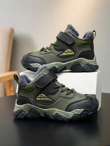 1 Pair Children's High-Top Warm Sports Shoes, Thermal-Lined Thick Warm Non-Slip Mid-Top Hiking Boots, Suitable For Children And Teenagers Outdoor Wear In Winter, Fashionable And Stylish For Boys - Green - View 10