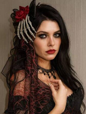 Halloween Bow Veil, Claw Hair Clip, Rose Skull Hand Hair Clip, Gothic Dark Vampire Hair Accessories