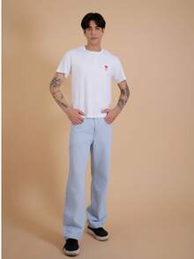 Calça Jeans Masculina Balao Wide Leg Reta  Azul Claro Estilo Streetwear Casual 38 ao 48 - Lavagem clara - Visão 1