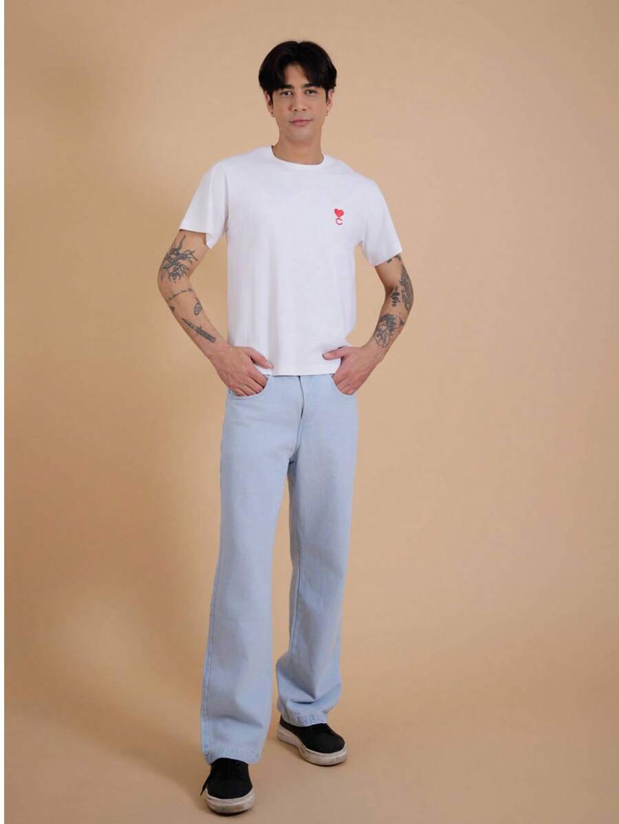 Calça Jeans Masculina Balao Wide Leg Reta Azul Claro Estilo Streetwear Casual 38 ao 48 - Lavagem clara - Visão 1