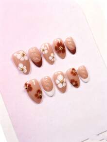 Luxuriös und elegant, 10 handgefertigte Nägel, rein handgefertigt, kurz, mandelförmig, komplettes Set mit Fake-Nägeln, verschwommener Blütenblatt-Französischer Stil, Sommer-Nagelkunst, 3D Regenbogen-Perlen-Stil, Nagel-Pressing-Set, 1 Mini-Nagelfeile und 1 Aufkleber, perfekt für DIY-Nagelkunst und Musik-Festival-Rock-Partys