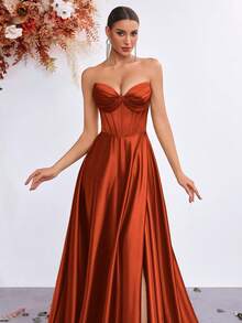 ADYCE Vestido maxi elegante sin tirantes con escote en V, cintura alta, abertura y espalda descubierta con lazo, adecuado para ocasiones de verano - Naranja - Ver 7