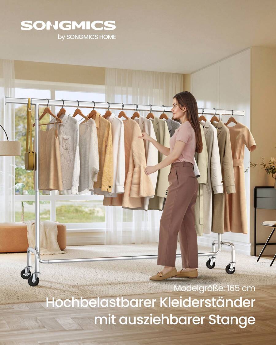 Heavy Duty Extendable Clothes Rail on Wheels 110 kg 45 x (160-200) x 162.9 cm Metal Chrome Plated Silver - Silber - Übersicht 1