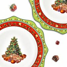 1 Pc Christmas Tree Scalloped Dinner Plate, Christmas Gatherings 10.5" Ceramic Dinner Plate, Or 8.5" Christmas Soup Plate, Set Of 1, Christmas Dinner Plate Soup Shallow Bowl, Holiday Designs, Multicolor, Large, Festive Holiday New Bone Porcelaine Plate With Christmas Tree & Green & Red Borders, Microwave, Dishwasher, Freezer, Oven - Collectible Holiday Tableware