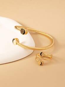 2 Pieces/Set Of Fashionable And Versatile Personalized Gold Twist Open Bracelet Ring Set, Fashionable, Lightweight, Summer Beach Vacation Bracelet Ring Jewelry Set, Suitable For Women's Daily Wear, Various Holiday Party Jewelry, Couple Gifts