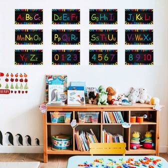 12 pezzi Set di poster educativi per prescolari - 26 lettere dell'alfabeto e numeri da 0 a 9, decorazione da parete senza cornice, adatto per asilo nido, scuola materna, aula domestica, materiale didattico per bambini in età prescolare, strumento di apprendimento, schede didattiche, grandi carte, materiale didattico
