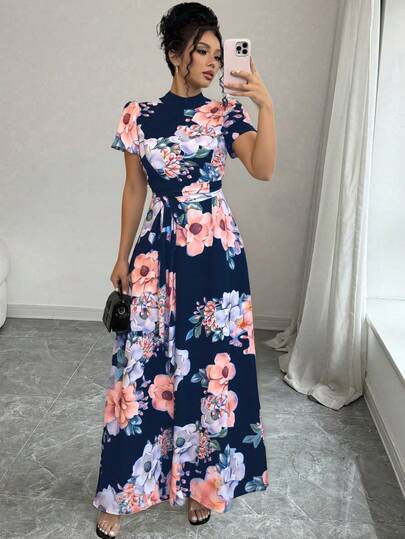 Vestido de cuello alto con estampado floral y cinturón  vestido elegantes para mujer moda.