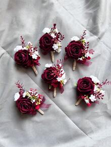 1 buc/6 buc flori artificiale Burgundy Rose mire butonieră bărbat frate corsaj absolvent Pin costum nuntă flori petrecere decorare Ziua Îndrăgostiților accesorii - Burgundia - Vizualizare 2