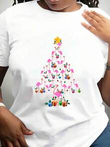 Women's Flamingo Christmas Tree Print T-Shirt - 100% Cotton Casual Short Sleeve Crew Neck Top With Festive Pink Flamingo & Holiday Decorations, All-Season Fabric, Machine Washable, Flamingo Gifts,220g