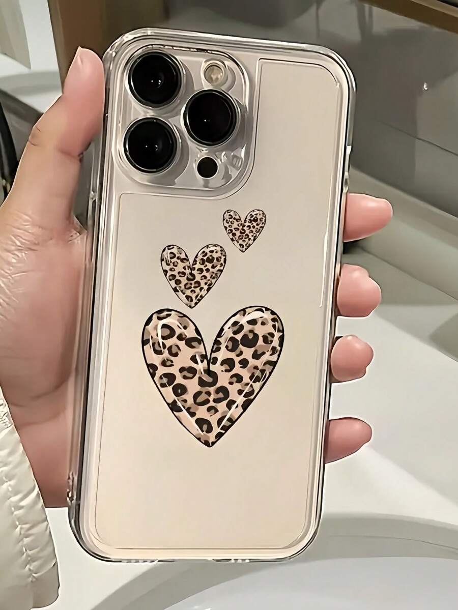 1 pieza Funda de teléfono transparente de TPU a prueba de golpes con estampado de leopardo en forma de corazón, compatible con iPhone 17/16/15/14/13/12/11 Pro Max, A55/54/53/52/51, S25/24/23/22/21 Ultra, unisex