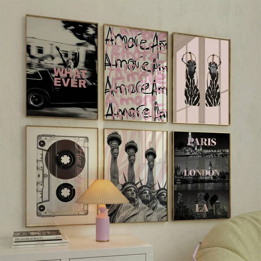 1pc Unframed, Fashionable Girlish Blush Pink Gallery, Zebra New York Paris Los Angeles London Poster, Preppy Aesthetic Wall Painting, Leopard Print Fashion High Heels Print