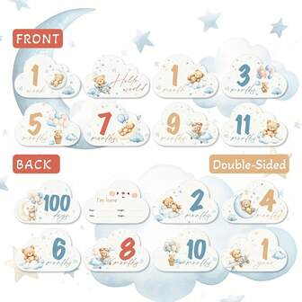 8pcs Double-Sided Cute Cartoon Teddy Bear Birth Milestone Wooden Board, Suitable For Personalized Photography Backgrounds From 1 Month To 12 Months, Suitable For Parties And Celebrations, Celebration | Cartoon Bear Design | Durable Wooden
