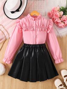 Tween Girls' Fashion Elegant Ruched Frill Trim Fitted Shirt And Black Leather Pleated Skirt Set, Versatile And Stylish Outfit For Girls, Suitable For Spring, Summer, Autumn And Winter Outings And Holidays - Pink - View 1