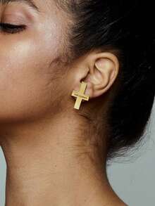 1 Pair Elegant Gold Cross Earrings, Stud Symbol Earrings, Gold Iconic Earrings, Everyday Jewelry, Original Design Earrings, Customized Jewelry For Opposite Designs, Personalized Name Customization Earrings, Opposite Styles, Rectangular, Abstract Design Styles. - Style 1 - View 4