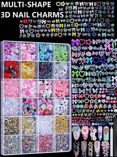 5000 Stücke 3D Nagelkunst Dekorationsset, 24 Fächer Box, Assortierte flache Nagelkunst Accessoires - Bunte Blumen, Schleifen, Perlen und Strass Kombi DIY Nageldekoration (Nagelwerkzeuge enthalten) Nägel Nagelbedarf Nagelcharms