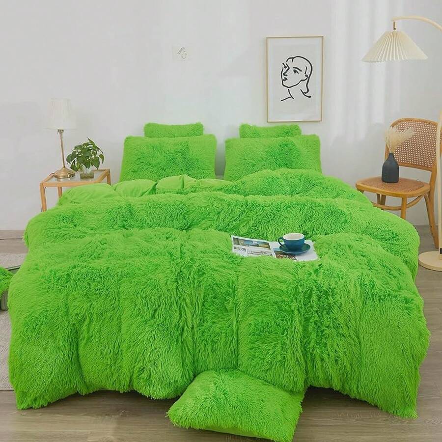 Plush Shaggy Duvet Cover Set, Ultra Soft Fluffy Bedding Sets 3 Pieces (1 Fuzzy Comforter Cover + 2 Pillow Cases), Zipper Close (, Pink), Luxury Bedding - 青檸色 - 查看 1