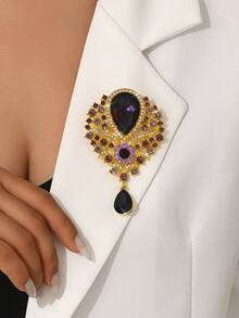 1pc Retro Crystal Teardrop Brooch, Exaggerated Random Rhinestone Brooch Pin, Fashion Jewelry Accessory - Multicolor - View 3