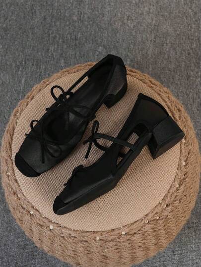 方头粗跟女鞋，百搭蝴蝶结一脚蹬平底鞋，时尚穆勒鞋，黑色镂空高跟鞋，女式高跟浅口鞋，尺码偏大 35-43