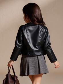 SHEIN Elladie kids Young Girl And Young Girl Black PU Leather Jacket, Elegant Casual Outerwear Suitable For Outings, Daily Wear And Any Casual Occasions, Fall/Winter - Black - View 5