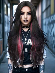 clouder Black Highlight Pink Extra Long Curly Wig 30 Inch Cosplay Wig Halloween Christmas Wig Elegant Soft Matte Hair Loose Curls Casual Outing Street Punk Wig Rock Wig Fluffy Natural Cool Girl Synthetic Heat-Resistant Fiber Wig Suitable For Women Daily Party Wig Music Festival Wig Avant-Garde College Style Wig Modern Fashion Gothic Wig - 彩色 - 查看 4