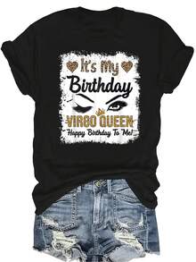 [Camiseta de moda casual] Camiseta suave y cómoda para mujer - Reina Virgo Cumpleaños Casual de manga corta y cuello redondo, regalo perfecto para la abuela y la mamá, uso casual de primavera y verano - Negro - Ver 1