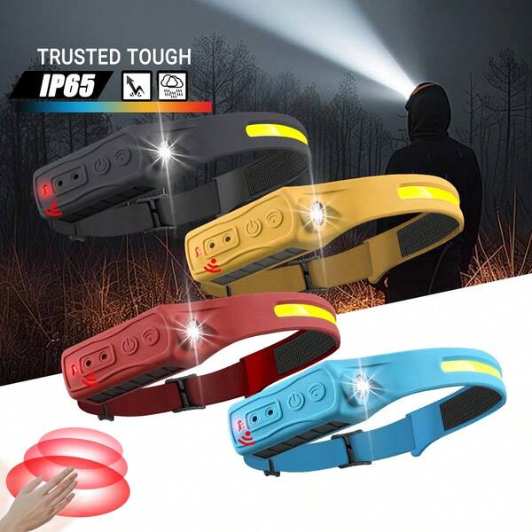 1pc Multi-Function Wave Sensing Headlight 5 Lighting Modes Built-In Battery Rechargeable Flashlight Waterproof Suitable For Outdoor Camping And Fishing Household Emergency Lighting