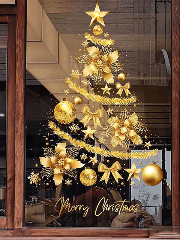 1 Set Of Christmas Window Stickers Christmas Wall Stickers Set, Holiday Decoration Golden Christmas Tree Balloon Static Stickers, Suitable For Holiday Home Parties Window Decoration Room Windows Christmas Decoration