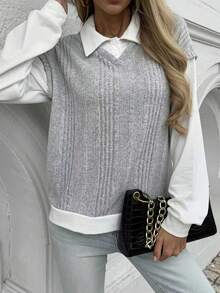 Women's Patchwork Turndown Collar Ribbed 2 In 1 Casual Loose Sweatshirt - Grey - View 3