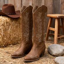 Women's Western Cowboy Boots Embroidered Pointed Toe Pull-On Retro Classic Fall Knee High Cowgirl Boots For Woman - 棕色 - 查看 3