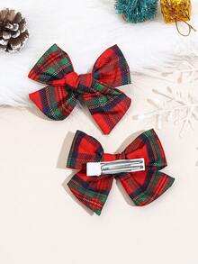 2 pezzi Fermagli per capelli a fiocco lavorati a mano a griglia verde/bianca natalizia per ragazze, alla moda e carini, accessori per capelli in tessuto morbido, stile college per uso quotidiano - Multicolore - Visualizzare 4