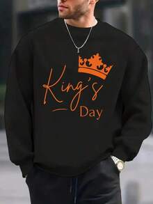 Men'S King'S Day Crown Graphic Sweatshirt - White Crewneck Pullover With Orange KING'S DAY Text, Regular Fit Long Sleeve Sweater For Casual Outfits, Parties & Casual Attire - Everyday Streetwear Top,Fall Hoodies,Men's Fall Clothes,Street Wear,Halloween,Mens Hoodies,Y2k Clothes,Jesus Hoodie,Thanksgiving Day,Nightmare Before Christmas,Christmas - Black - View 1
