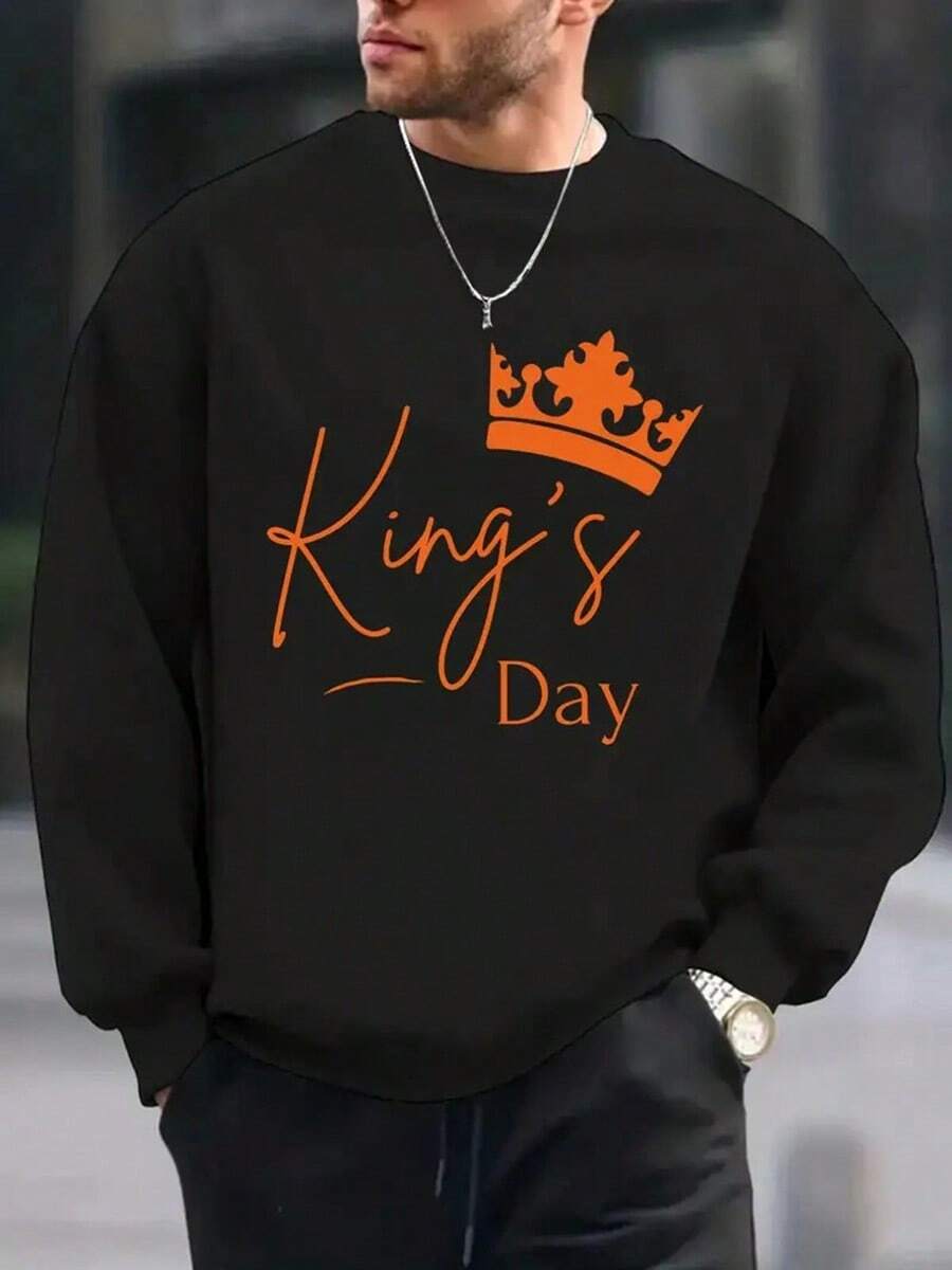 Men'S King'S Day Crown Graphic Sweatshirt - White Crewneck Pullover With Orange KING'S DAY Text, Regular Fit Long Sleeve Sweater For Casual Outfits, Parties & Casual Attire - Everyday Streetwear Top,Fall Hoodies,Men's Fall Clothes,Street Wear,Halloween,Mens Hoodies,Y2k Clothes,Jesus Hoodie,Thanksgiving Day,Nightmare Before Christmas,Christmas - Black - View 1
