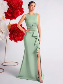 Elisanya Solid Color High Waist Ruffle Hem Slit Open Back Cocktail Party Evening Dress - Green - View 6