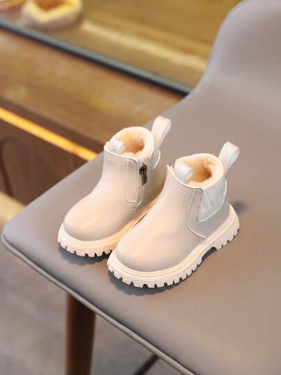 1 par de botas de otoño/invierno de unicolor de moda para niños, botas de forro polar casuales para niñas, botas cortas cálidas sin cordones unisex para niños, adecuadas para exteriores, otoño/invierno (el tamaño es talla grande pequeño)