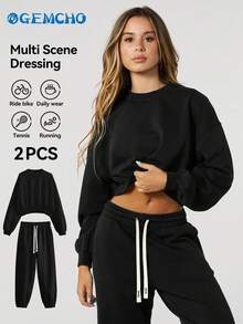 GEMCHO 2 Stücke/Set Fester Schulterausschnitt Crop Pullover & Sweathose, Damen Zweiteiler, Herbstkleidung