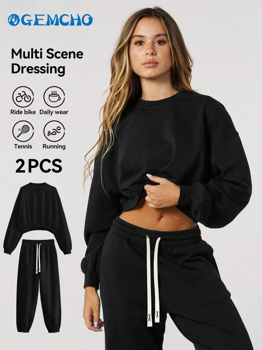 GEMCHO 2 Stücke/Set Fester Schulterausschnitt Crop Pullover & Sweathose, Damen Zweiteiler, Herbstkleidung