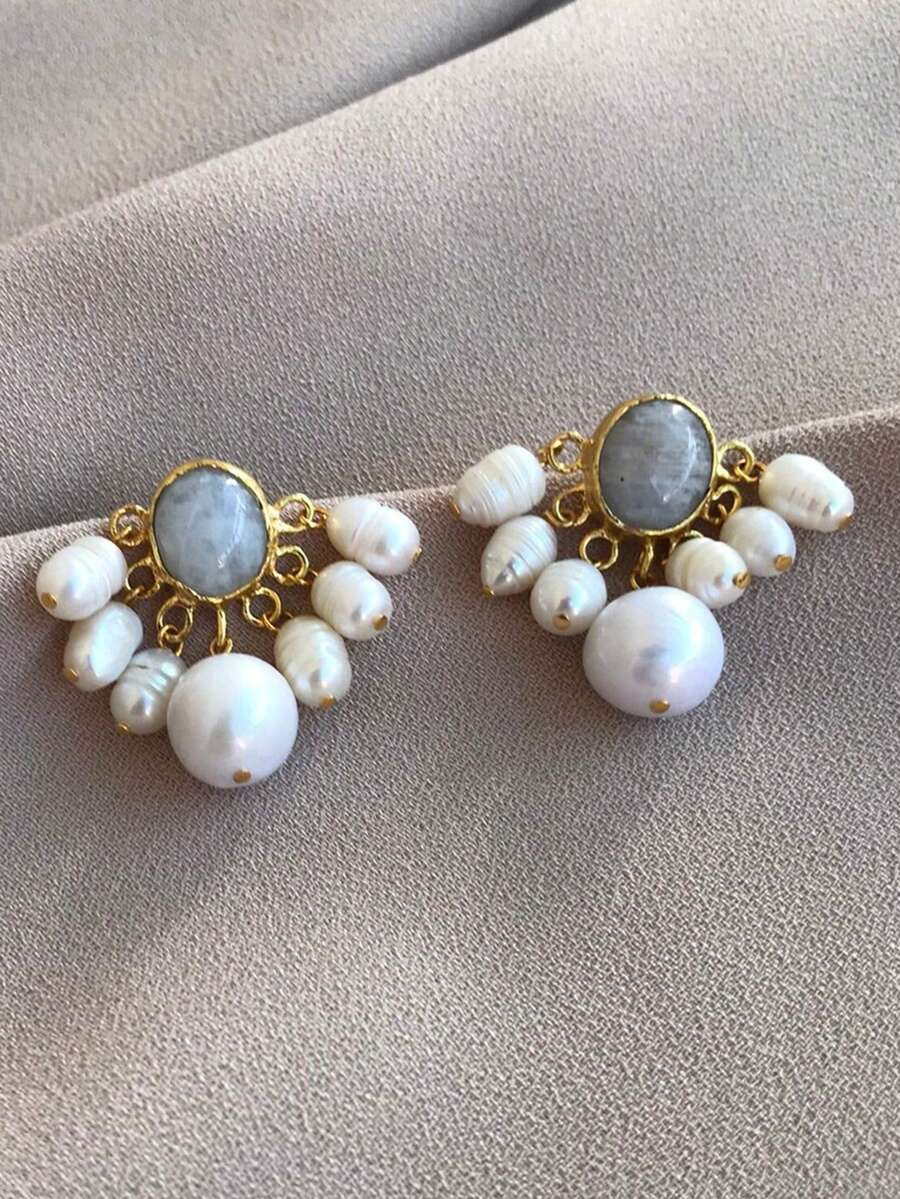2 Pieces Of Baroque Pearl Turquoise Light Luxury Elegant Metal Multi-Color Women's Earrings, Suitable For Parties, Dances, Banquets, Parties, Daily Clothing Accessories - 彩色 - 查看 1