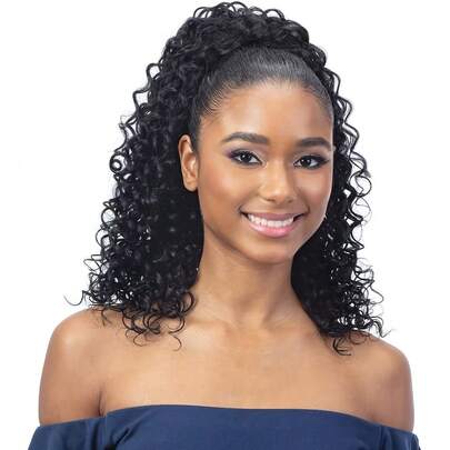 马尾辫延长带 14 英寸合成深波浪抽绳马尾辫，适合女士日常使用的短波浪卷发蓬松马尾辫