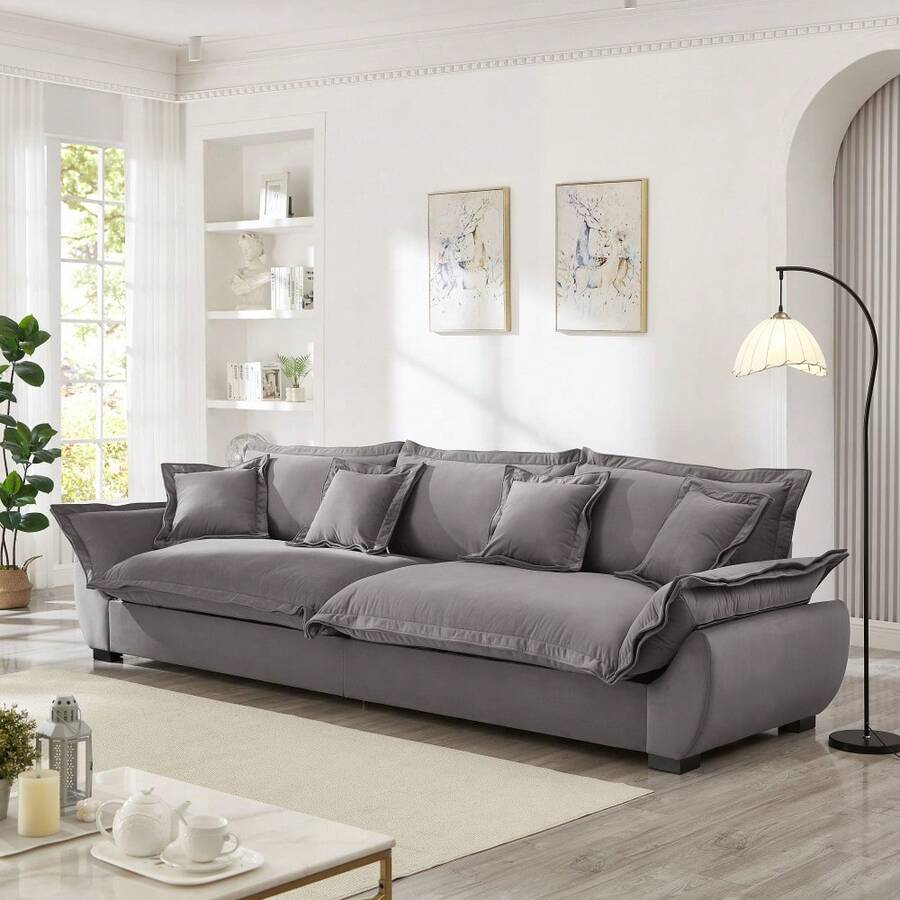 Modular Sectional Sofa, Sailing Design Sofa With Storage, Removable Backrest, Modern Deep Seat Sofa With Throw Pillows For Living Room Bedroom Apartment,Light Khaki - 灰色+天鵝絨+3座+泡沫 - 查看 1