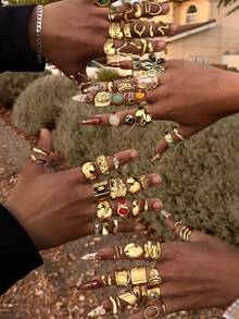 Bộ 25/20/15/5 chiếc nhẫn xu cổ điển nhiều mảnh có thể xếp chồng lên nhau, họa tiết hoa, đá quý nhiều màu, hình học, thắt nút, kết cấu ngọc trai giả bất đối xứng, giọt nước, sóng, nhiều lớp đan chéo, rỗng, hình trái tim, tối giản, nhẫn bản rộng trơn, thời trang, thanh lịch, cổ điển, thiết kế tinh xảo, thích hợp cho ngày lễ, tiệc tùng, hẹn hò, quà tặng, đeo hàng ngày - Vàng - Xem 9