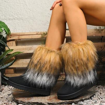 Women's Fashion Floral Mid-Calf Snow Boots, Comfortable Warm Faux Fur Boots, High-End Custom Fur Fixed On The Upper, Not Easy To Deform, Contrast Color Bohemian Polyester Soft Fur Crossing Women's Fashion Snow Boots, Holiday Winter