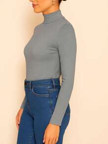 Blusa de manga larga de mujer cuello alto ajustada básica elegante. - Gris - Ver 3