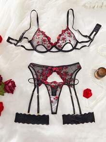 5pcs/Set Women's Sexy Romantic Embroidered Lingerie Set, Including Panties, Waist Cincher, Bra And Garter, Floral Embroidery, Sheer Fabric, Birthday Lingerie Set, Sexy Lingerie Set - black red - View 5