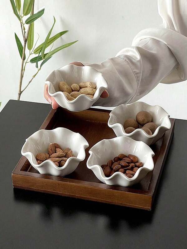 Set Of 1/3/4 Lotus Leaf-Shaped White Ceramic Plates, Serving Trays And Nut Bowls, In Retro Minimalist Style,Kitchen Accessories, Used To Hold Various Party, Gathering, Snack Shop, Food, Home Decoration,Suitable For Giving To Family And Friends, Perfect Birthday Anniversary, Valentine's Day, Christmas, Halloween, Teacher's Day, Graduation, Return To School, Thanksgiving Surprise Gift,Only,Almost