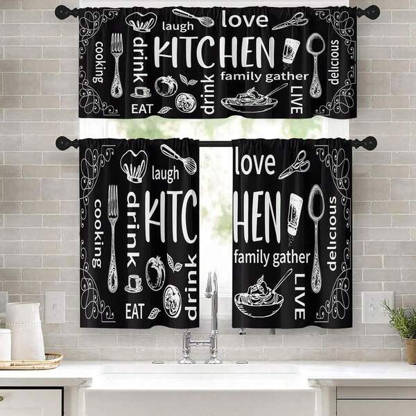 1 pièce/2 pièces Rideau à thème pastoral, imprimé de cuisine, de couverts et de nourriture. Rideaux de cuisine style pastoral avec passants pour tringle, rideaux de café pour salon, bureau, chambre, décoration de maison