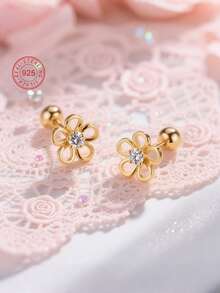 1 对 925 纯银防过敏小花耳钉，镂空设计，镶嵌闪亮方晶锆石，螺旋扣，精致可爱，礼盒包装，适合日常佩戴或节日，适合送给女孩、朋友、返校、圣诞节的礼物 - 均碼 - 查看 3