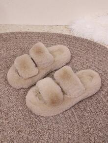 加大码经典百搭圆头蓬松一脚蹬厚底舒适居家/度假休闲拖鞋，简约优雅，双带增高，柔软高贵卡其色女士时尚纯色仿皮草拖鞋 - 卡其色 - 查看 2