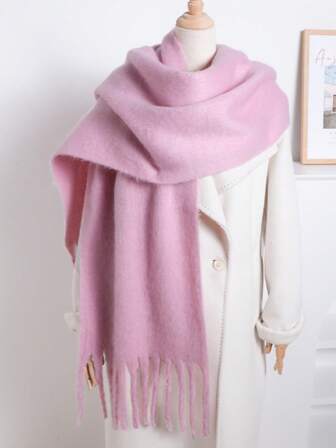 1 pieza Bufanda sólida de mujer con flecos para actividades al aire libre, chal resistente al viento y cálido, adecuado para uso diario